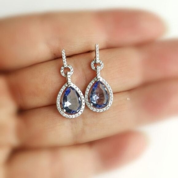 Nwt Ceylon Blue Sapphire CZ halo drop earrings in Sterling Silver - Picture 5 of 10